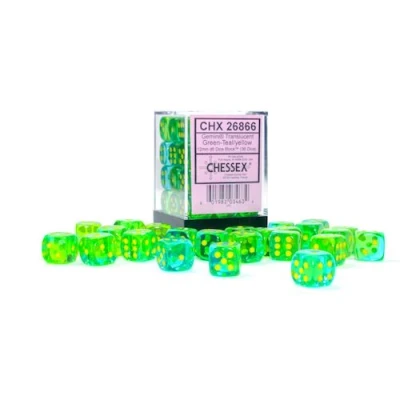 Afbeelding van Dobbelstenen Translucent Groen Teal/Goud D6 12mm 36 stuks