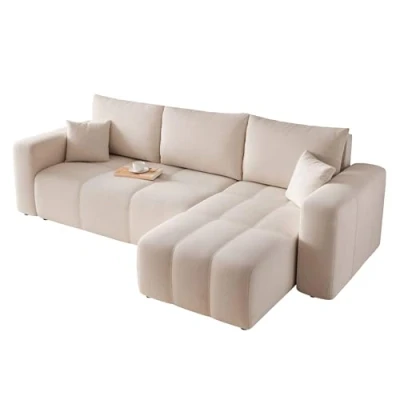 Afbeelding van GREKPOL Sofa met slaapfunctie, 145 x 248 cm, hoekbank slaapfunctie en bedlade, 3 zits, slaapbank crèmekleurig