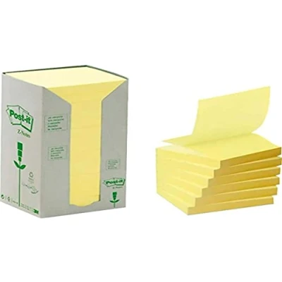 Afbeelding van Post it R3301T zelfklevende notitie Recycling Z Notes Tower 654 (76x76 mm, 70 g/m²) 100 vellen à 16 blok, geel
