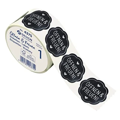 Afbeelding van AVERY Zweckform 600 stickers &quot;Open und Freuen (Made in Germany, Ø 38 mm, zwarte cadeaustickers met zilveren letters, zelfklevende cadeaudecoratie, kaarten, zakjes, waardebonnen) op rol, 4375