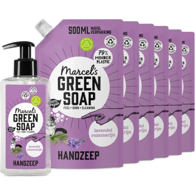 Afbeelding van Marcel&#039;s Green Soap Handzeep Lavendel&amp;Rozemarijn 250 ml + 6 Navullingen Pakket