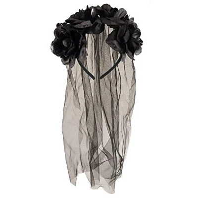 Afbeelding van Henbrandt Lange zwarte sluier met bloemen Halloween haarband gothic bruid dag van de doden feestaccessoires fancy dress haaraccessoire voor volwassenen, Zwart, Eén maat