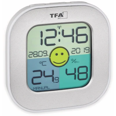Afbeelding van TFA Dostmann thermo hygrometer digitaal FUN, 30.5050.54, controle van de binnentemperatuur, zendergestuurde klok met datum, behaaglijkheidsgraad, max. min. waarden, zilver, (L)88 x (B)19 (H)88mm
