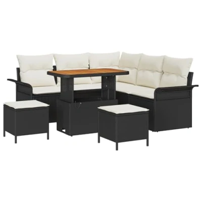 Afbeelding van vidaXL 8 delige Tuin Sofa Set met Kussens Zwart Poly Rattan Acacia, 2 Zits Opslag&amp;Kussens Rattan, 3 Eet Acacia
