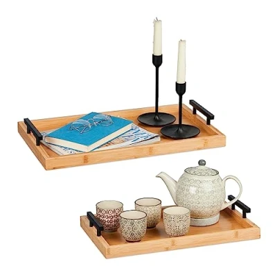 Afbeelding van Relaxdays dienblad bamboe set van 2 rechthoek groot serveerblad met handgrepen