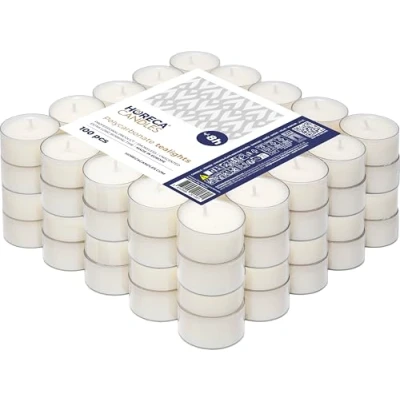 Afbeelding van Horeca Candles 100 witte theelichtjes brandduur 8 uur geurneutraal set met transparante kunststof beker