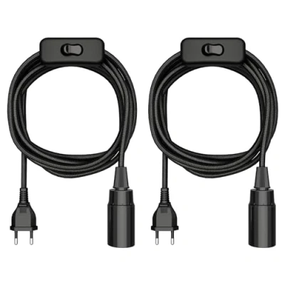 Afbeelding van ledscom.de 2 stuks textielkabel LEHA, stekker, schakelaar, zwart, 3m, fitting, 1x E14 max. 60W