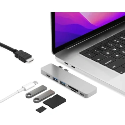Afbeelding van iMounts USB C hub Macbook Air/Pro HDMI Thunderbolt 3 Micro SD/SD kaart lezer Zilver