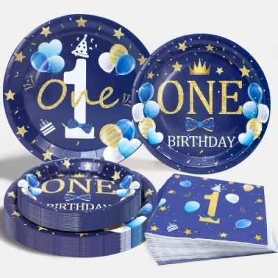 Afbeelding van Patimate eerste verjaardag papieren borden set voor jongen, 72 stuks blauw goud &#039;ONE&#039; verjaardagsfeestje servetten servies set, goudblauw papier jongens