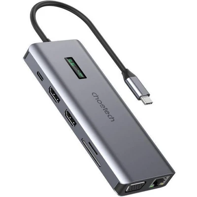 Afbeelding van Choetech HUB multifunctioneel met display 12in1 USB C naar / A HDMI VGA AUX SD TF grijs (HUB M26)