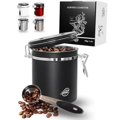 Afbeelding van Pro@Home43 Koffieblik 500g / 1,5L Koffiebonenreservoir van roestvrij staal, luchtdicht, incl. roestvrijstalen doseerlepel en C02 vervangingsventielen, levering in geschenkverpakking