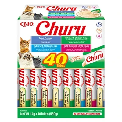 Afbeelding van INABA Churu Kattensnoepjes gemaakt van 4 soorten zeevruchten en tonijn puree Smakelijke kattensnacks Zachte &amp; romige textuur Dierenvoeding
