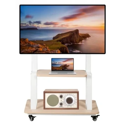 Afbeelding van Maiproo Mobiele tv standaard rollende kar voor 32 75 inch met wielen platte/gebogen LED/LCD/OLED in hoogte verstelbare zware draagbare vloerstandaard houten plank