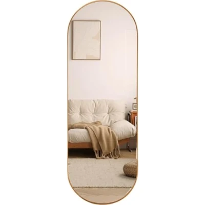 Afbeelding van SensaHome Oval Passpiegel Minimalistische Design Wandspiegel Staande Spiegel met Metalen Rand Modern Kleedkamer 50x160CM Goud