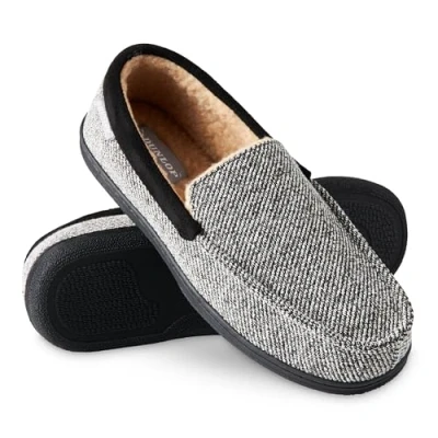 Afbeelding van Dunlop Mocassins, slippers voor heren, nepbont, met rubberen zool en traagschuim, huisslippers, binnenschoenen, geschenk Zwart/Wit, 40.5 EU