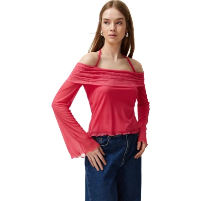 Afbeelding van Trendyol Bruine Gebreide Blouse Met Uitlopende Mouwen En Dierenmotief Strikdetail Twoss24Bz00046