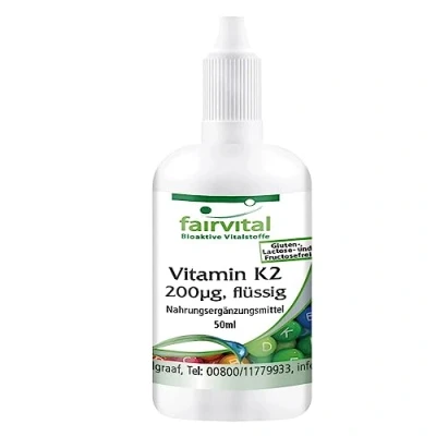 Afbeelding van Fairvital Vitamine K2 vloeibaar 200 µg per 10 druppels 50ml voor 1/2 jaar Hoog gedoseerd Natuurlijk Menaquinone MK 7 van Natto Veganistisch