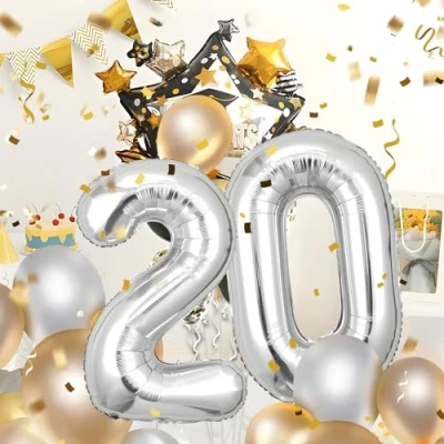 Afbeelding van 20e verjaardag decoratie cijfers ballon 20 jaar folieballon zilver voor mannen vrouwen nummer vliegt met helium verjaardagsfeest 40&quot; 101cm