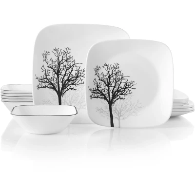 Afbeelding van Corelle 18 delige dinerset, houtschaduwen, zwart en wit voor 6, spaanbestendig servies, inclusief 26cm vierkante dinerborden, 17cm salade/zijborden 530ml soep/ontbijtkommen