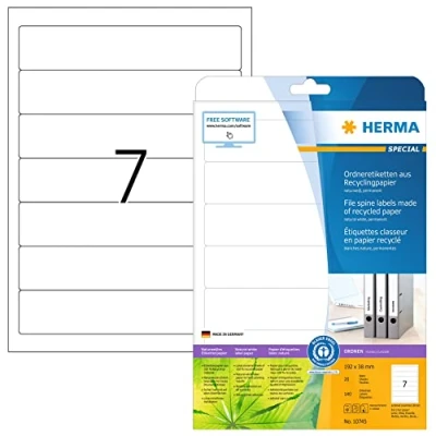 Afbeelding van HERMA 10745 Recycling ordnerrugetiketten, kort, smal, 20 vellen, 192 x 38 mm, 7 per A4 140 stuks, zelfklevend, bedrukbaar, ondoorzichtig, ordneretiketten, rugetiketten, stickers, natuurlijk