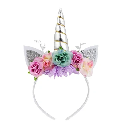 Afbeelding van Nishine Eenhoorn bloemenhoofd met glinsterende oren, ponykop tiara, meisjes, verjaardagsfeest, papier (zilver en turquoise)