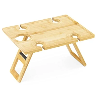 Afbeelding van Navaris picknicktafel inklapbaar van bamboe 43 x 32 23 cm Met fleshouder en 4 glazenhouders Lichtgewicht makkelijk draagbaar