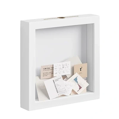 Afbeelding van EUGAD 3D fotolijst om te vullen, objectlijst, spaarpot, 20 x cm, diepe lijst voor objecten tot 3 houten frame, vierkant, ticket, wijnkoord, bierdeksel, wit