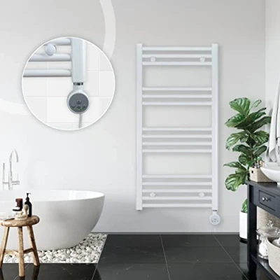 Afbeelding van anapont Elektrische badkamerradiator 1000 h x 500 b, wit handdoekradiator met thermostaat kamertemperatuurregeling timerfunctie badkamerverwarming elektrisch handdoekverwarming Made in