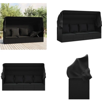 Afbeelding van Loungebed met luifel en kussens poly rattan zwart