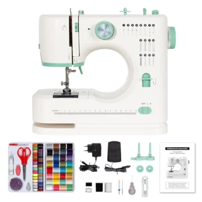 Afbeelding van Todeco Automatische naaimachine met 16 naaiprocessen, dubbele naald en draad, draagbare voor beginners kinderen, voetpedaal naaiset (groen)