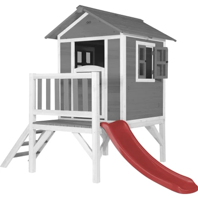Afbeelding van AXI Speelhuis Beach Lodge XL Grijs met rode glijbaan op palen veranda gemaakt van FSC hout
