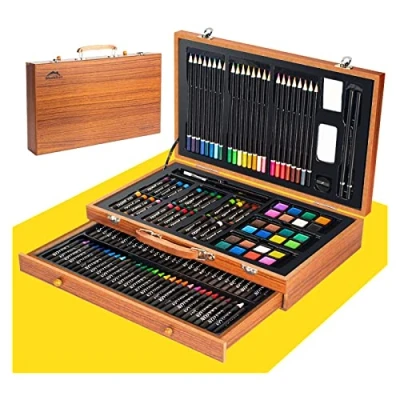 Afbeelding van Art Set, 141 stuks kinderen schilderij sets met gekleurde potloden, aquarel borstels, markeringen, kleurpotloden, oliepastels, taart, HB potlood, puntenslijper, draagbare houten doos pakket
