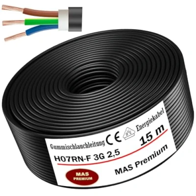 Afbeelding van MAS Premium 5 100 m rubberen slangkabel, energiekabel, bouwplaatskabel H07RN F 3G 1, 1,5, 2,5, 4, 6, 10 of 3x flexibele kabel voor zware apparaten (H07RN 3G2,5 mm², 15 m)