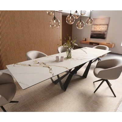 Afbeelding van DELIFE Eetkamertafel Edge 300x100 keramiek Calacatta Luxe wit goud grijs spider vlak staal zwart
