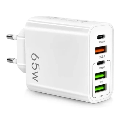 Afbeelding van meervoudige oplader 65 W 5 poorten USB C QC3.0 adapter PD20W snel en veilig opladen compatibel met alle mobiele telefoons