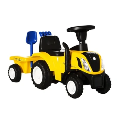 Afbeelding van HOMCOM kinderglijbaan met aanhanger kinderautotrekker kindervoertuig schuifvoertuig claxon voor 2 jarige kinderen kunststof metaal geel 91 x 29 44 cm