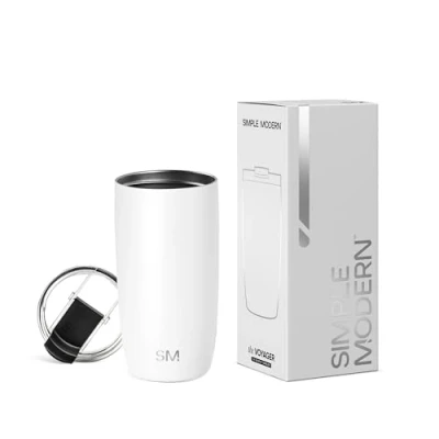Afbeelding van Simple Modern Reiskoffiemok met klapdeksel, geïsoleerde roestvrijstalen ijskoffie, cadeaus voor dames en heren, Voyager Collectie, 470 ml, winterwit