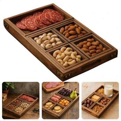 Afbeelding van Cheqo Houten Borrelplank Set Tapasplank Hapjesplank Serveerplateau Dienbladen Duurzaam Hout