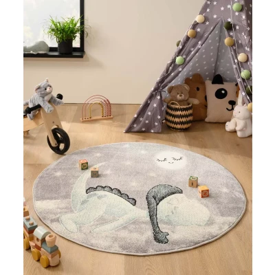 Afbeelding van Rond Vloerkleed Kinderkamer Dino Magic Lichtgrijs 160 Cm