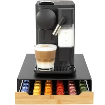 Afbeelding van Capsulehouder met Lade voor Nespresso Cups Cuphouder 60 Koffiecups Capsulehouders RVS Zwart Hout