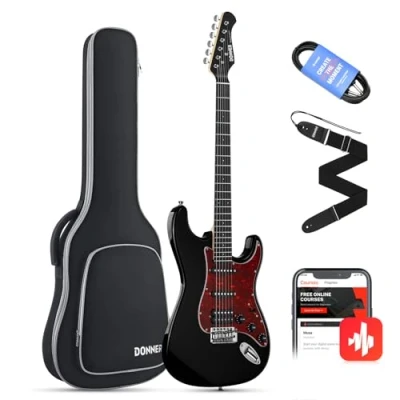 Afbeelding van Donner E Guitar Set Full Size, HSS Split Coil Pickups, 39 inch Solid Body ST Gitaar Beginner met tas, riem, kabel (Designer Series, Ridder Zwart)
