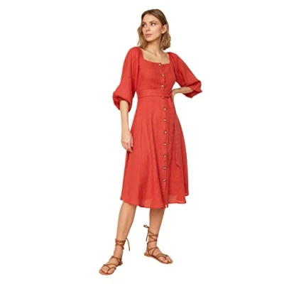 Afbeelding van Trendyol Camelkleurige Midi Jurk Met Knoopsluiting, Vierkante Kraag En Geweven Linnenlook Twoss19Ie0009
