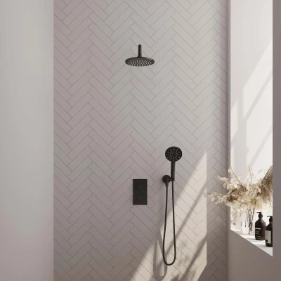 Afbeelding van Brauer Black Edition Regendoucheset inbouw hoofddouche 20cm Gladde knop handdouche rond 3 standen mat zwart Minimalistisch design