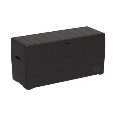 Afbeelding van Duramax Cedargrain Durabox kunststof opbergdoos van 270 liter/71 gallon, voor tuinmeubilair buiten, afsluitbaar deksel, plastic kussenbox met wielen en handgrepen, terrasbox, donkergrijs