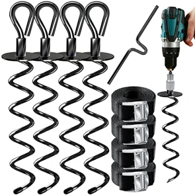 Afbeelding van KESSER® 4 grondankers, 9 delige set bevestiging voor trampoline, schommel, paviljoen, partytent, tuinhuis, tent, van 1 cm Ø roestvrij staal, om in te schroeven, riemen + draaihulp