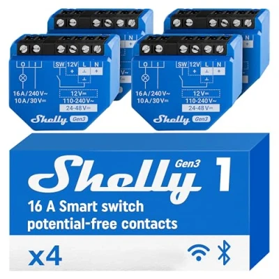 Afbeelding van Shelly 1 Gen3, 4 stuks, WLAN smart schakelaarrelais met droogcontact, lichtschakelaar, domotica, compatibel Alexa &amp; Google Home, iOS Android app, geen hub nodig
