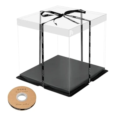 Afbeelding van Cozlly Transparante taarthouder, kunststof taartdozen met band, dubbellaagse taartdoos deksel, doorzichtige wegwerp voor verjaardag, dessert, 20 cm (zwart)