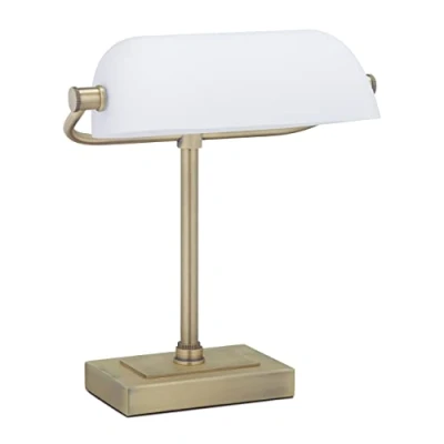 Afbeelding van Relaxdays bankierslamp met witte lampenkap, metalen voet, kantelbare kap, E14 fitting, bibliotheeklamp, wit/messing