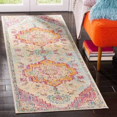 Afbeelding van SAFAVIEH Boho tapijt voor woonkamer, eetkamer, slaapkamer kristalcollectie, laagpolig, in lichtblauw en fuchsia, 66 x 213 cm