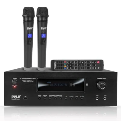 Afbeelding van Pyle Karaoke Bluetooth Audioversterker, 1000 Watt, voor Home Theater, 5.2 kanaals Stereo ontvanger, 2 UHF Microfoons, MP3, USB, HDMI, AM, FM, Zwart